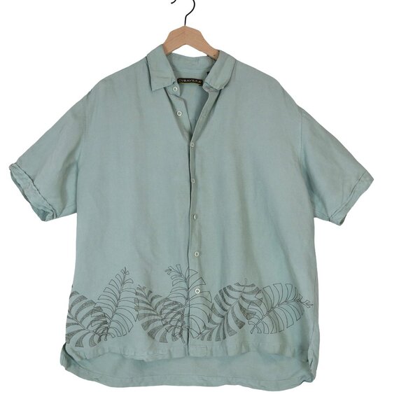 Cubavera Leaf Embroidered Camp Shirt XL Sage Green Coastal Retro Hawaiian - Picture 1 of 7